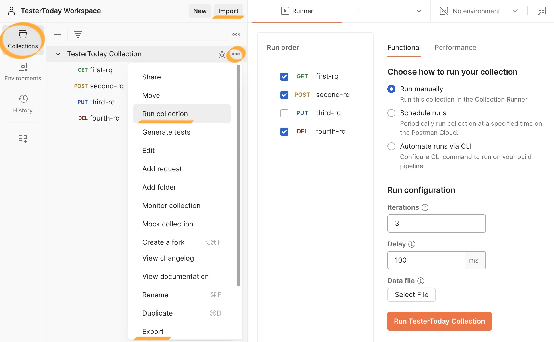 Postman collections with core features highlighted