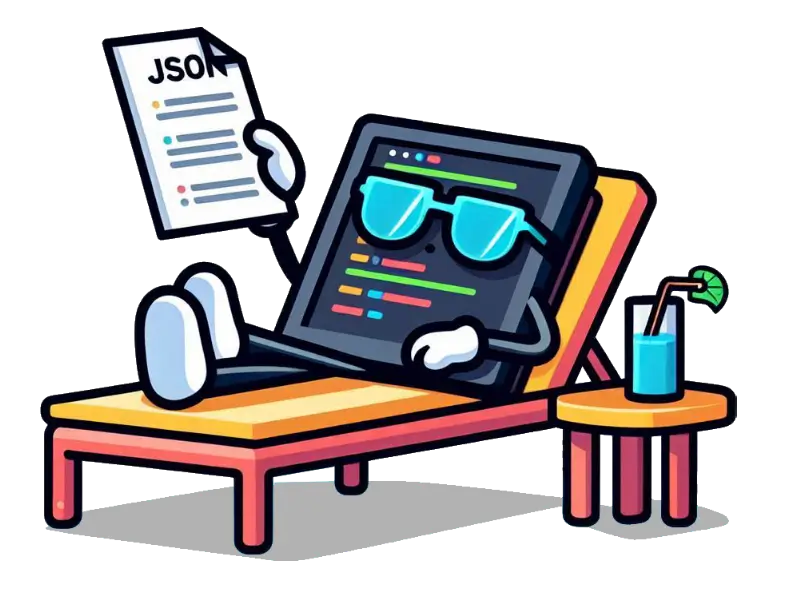A server resting on a beach and holding a JSON file