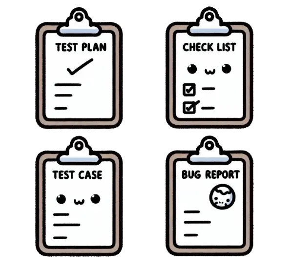 Test Plan, Check List, Test Case, Bug report clipboards